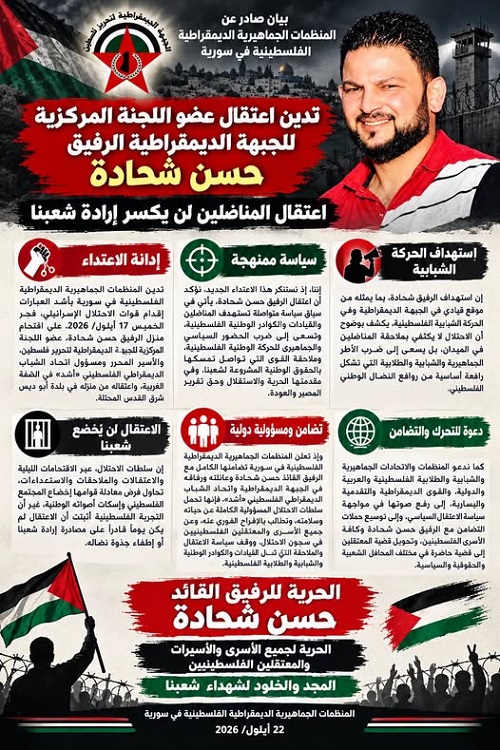 بيان صادر عن المنظمات الجماهيرية الديمقراطية الفلسطينية في سورية