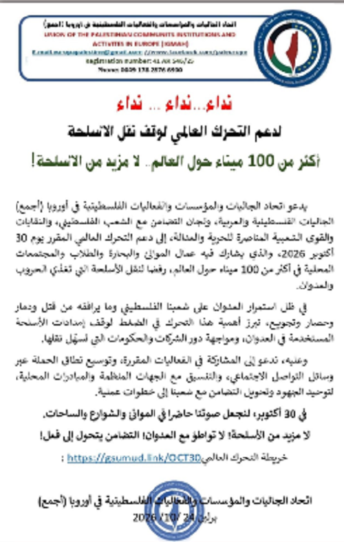 اتحاد الجاليات في أوروبا (أجمع): نداء لدعم التحرك العالمي لوقف نقل الأسلحة أكثر من 100 ميناء حول العالم.. لا مزيد من الأسلحة!