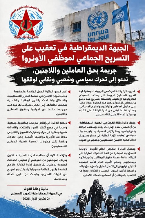 *الجبهة الديمقراطية في تعقيب على التسريح الجماعي لموظفي الأونروا* *جريمة بحق العاملين واللاجئين، ندعو إلى تحرك سياسي وشعبي ونقابي لوقفها*